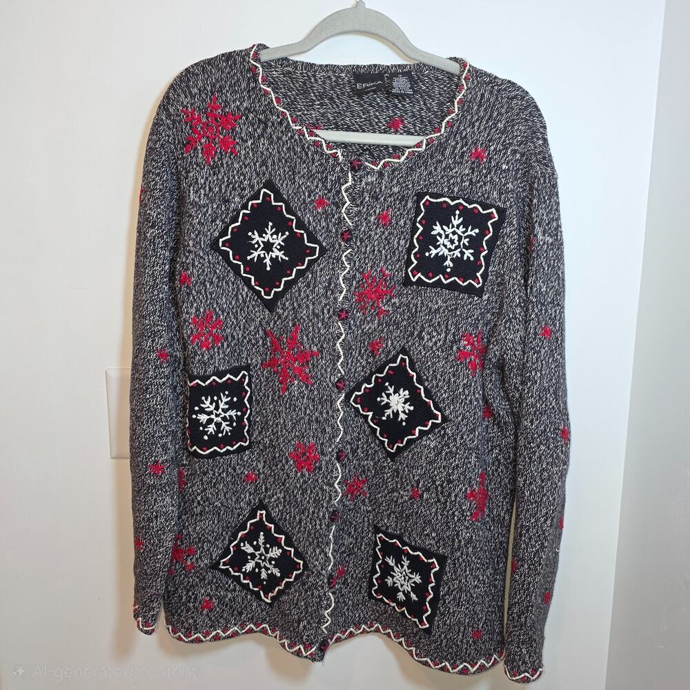 Vintage Erika Cardigan Womens 1X Gray Red Nordic Cotton Christmas Snowflake